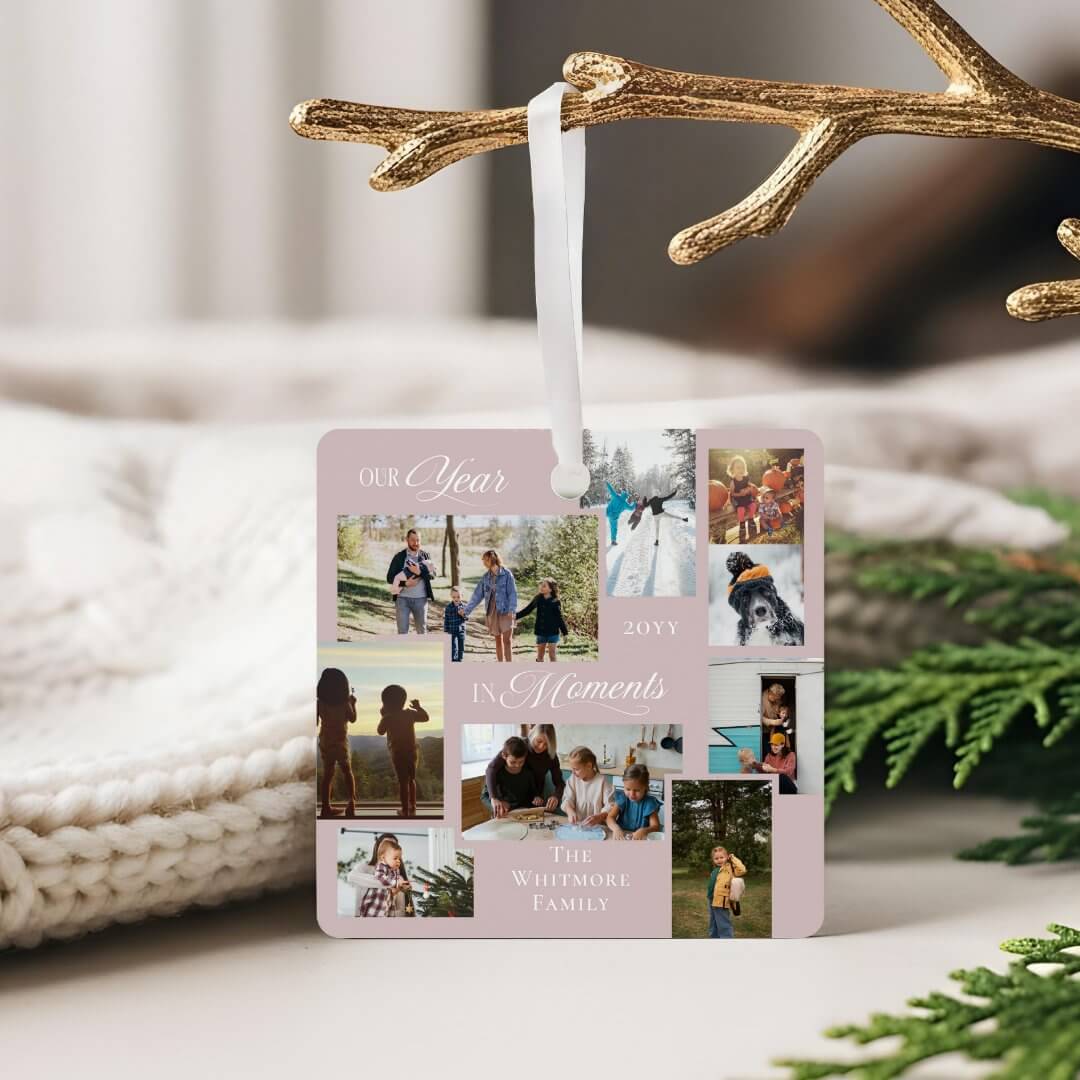Year in Moments Family Photo Collage Keepsake Gift Blush Pink Metal Ornament