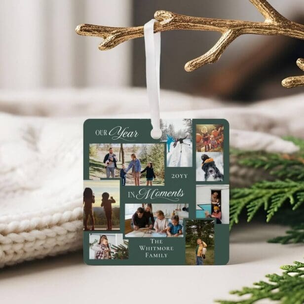 Year in Moments Family Photo Collage Keepsake Gift Green Metal Ornament