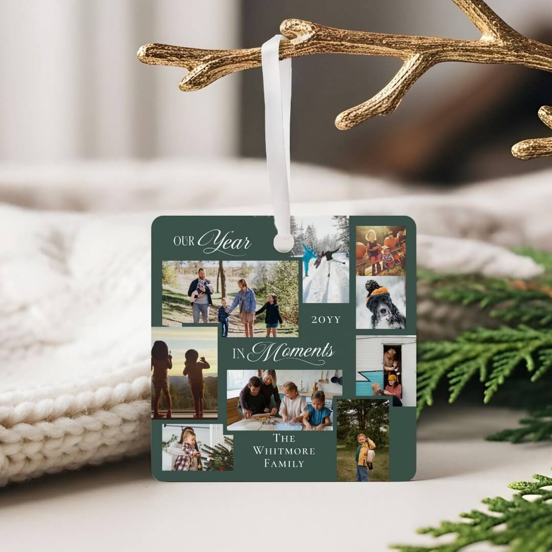 Year in Moments Family Photo Collage Keepsake Gift Green Metal Ornament