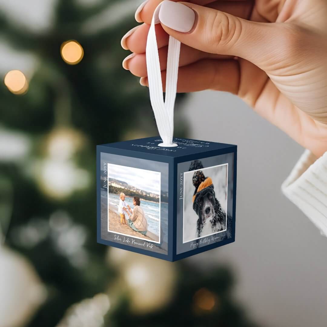 Year of Moments Family Photo Memory Keepsake Navy Cube Ornament
