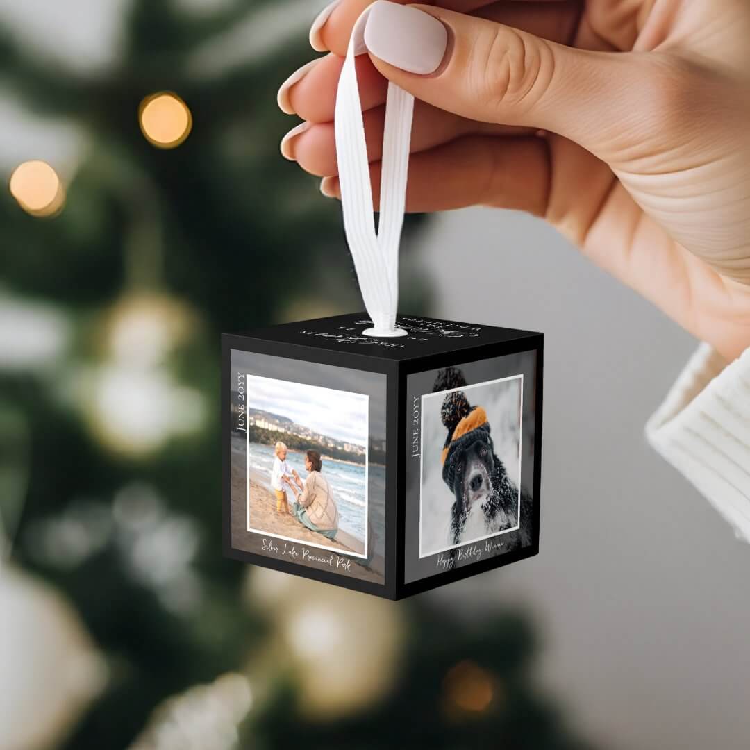 Year of Moments Family Photo Memory Keepsake Black Cube Ornament