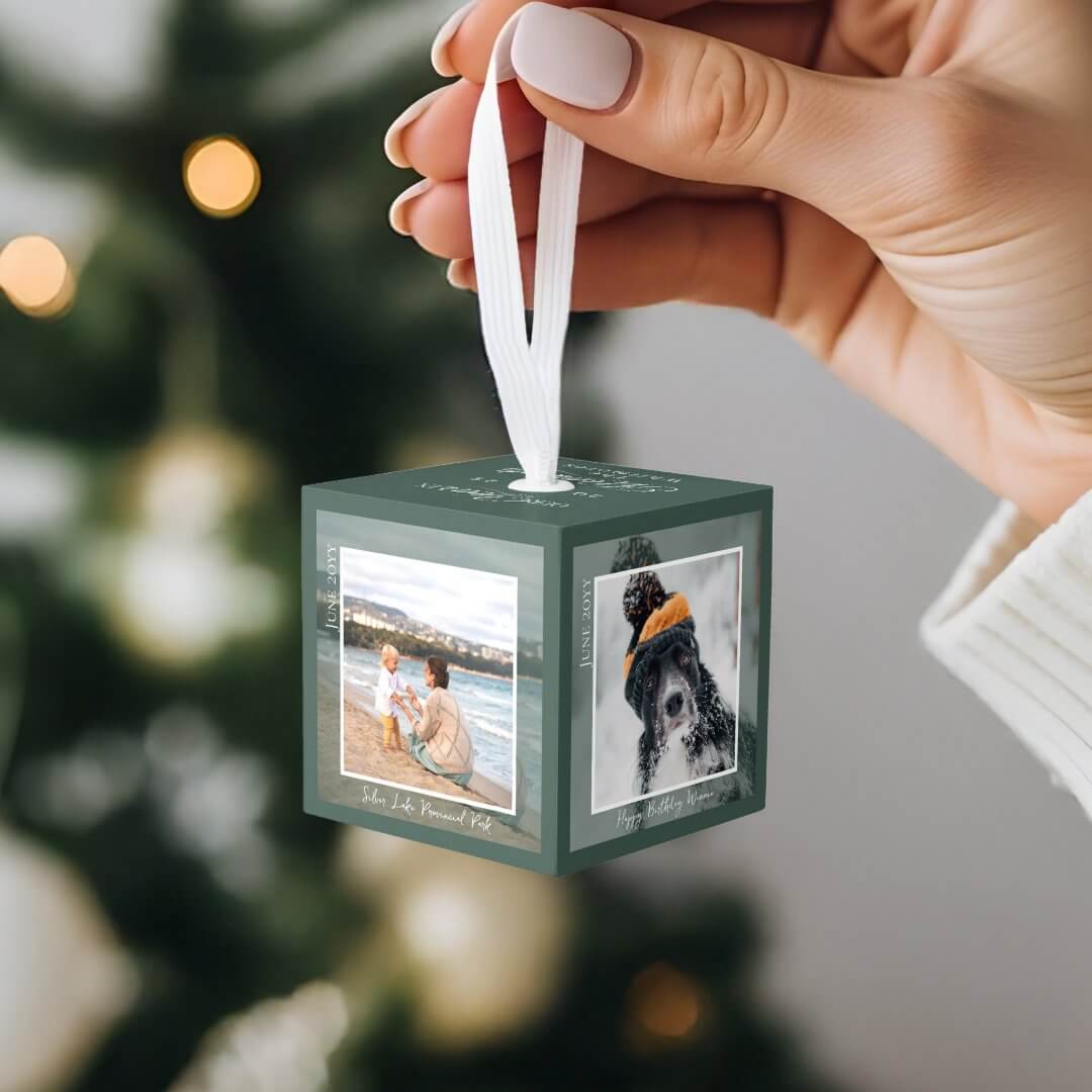 Year of Moments Family Photo Memory Keepsake Green Cube Ornament