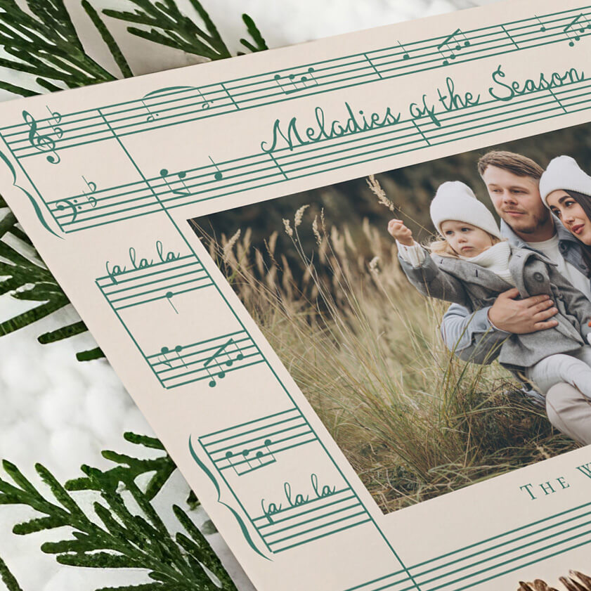 This collection is thoughtfully designed to offer a cohesive holiday look from your cards to your gifts. Featuring holiday cards, matching envelopes, return address labels, keepsake ornaments, mugs, gift wrap, ribbons, tissue paper, tags, and stickers, every detail works together harmoniously. With its elegant sheet music accents and playful holiday bows, this collection blends vintage charm with modern style, creating the perfect mix of nostalgia and fresh design. Personalization options let you add your family name, year, or photo to make each piece a true keepsake.