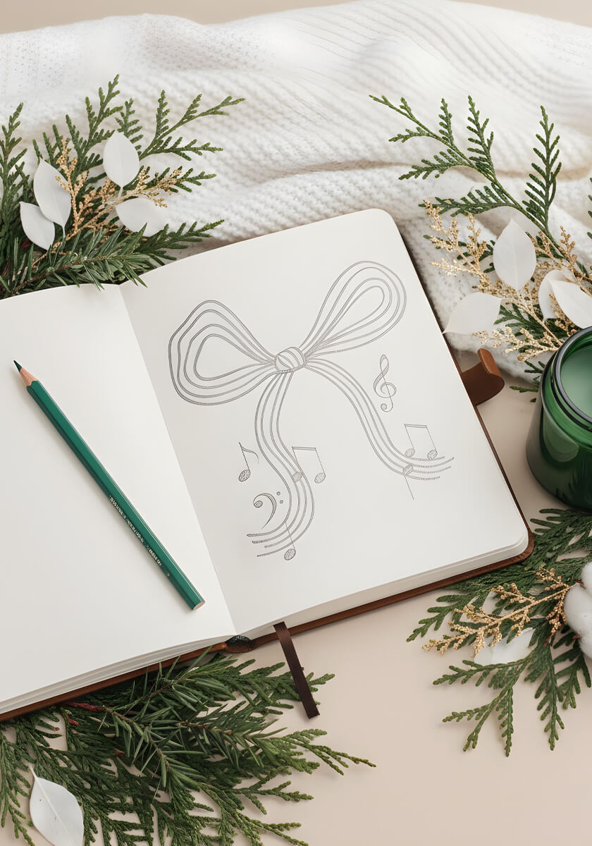 This collection is thoughtfully designed to offer a cohesive holiday look from your cards to your gifts. Featuring holiday cards, matching envelopes, return address labels, keepsake ornaments, mugs, gift wrap, ribbons, tissue paper, tags, and stickers, every detail works together harmoniously. With its elegant sheet music accents and playful holiday bows, this collection blends vintage charm with modern style, creating the perfect mix of nostalgia and fresh design. Personalization options let you add your family name, year, or photo to make each piece a true keepsake.