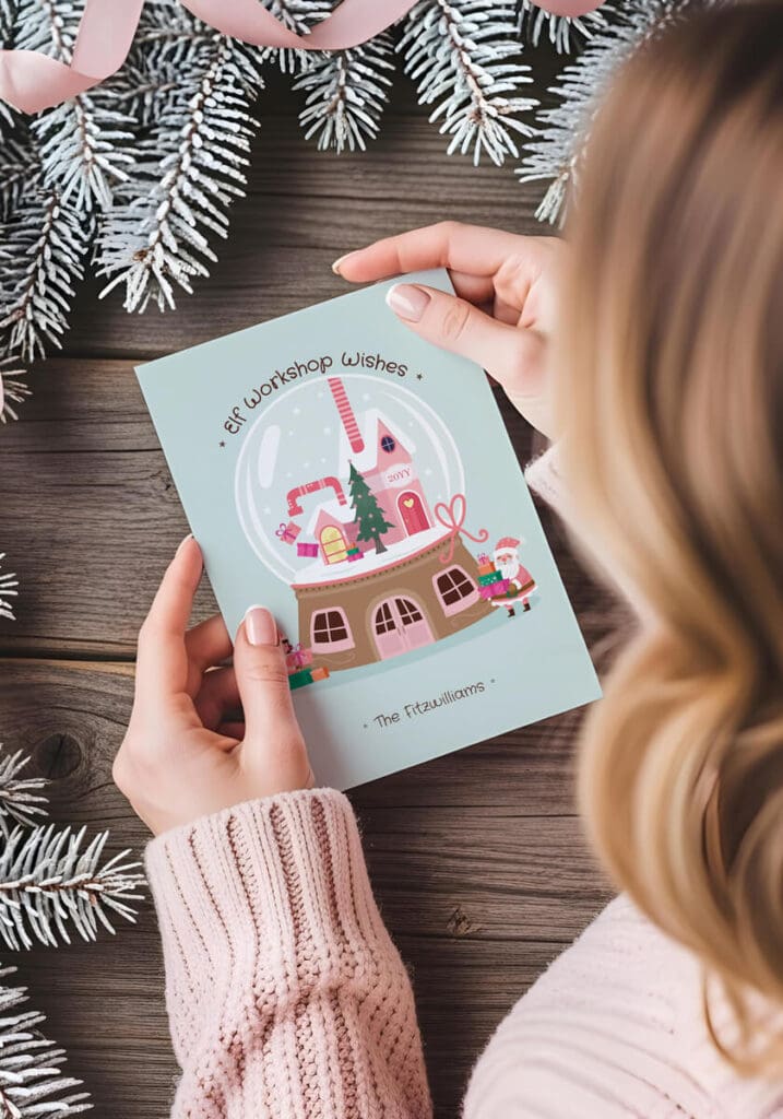 Pink Christmas Elves Workshop Christmas Card Design By Moodthology Papery