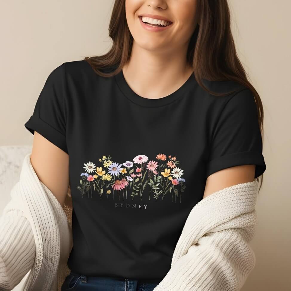 Beautiful Watercolor Wildflower Botanical Garden Tri-Blend Black Shirt
