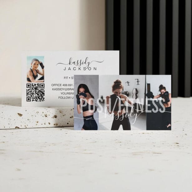 Bold Fitness Trainer Photo Collage Script Name QR Business Card