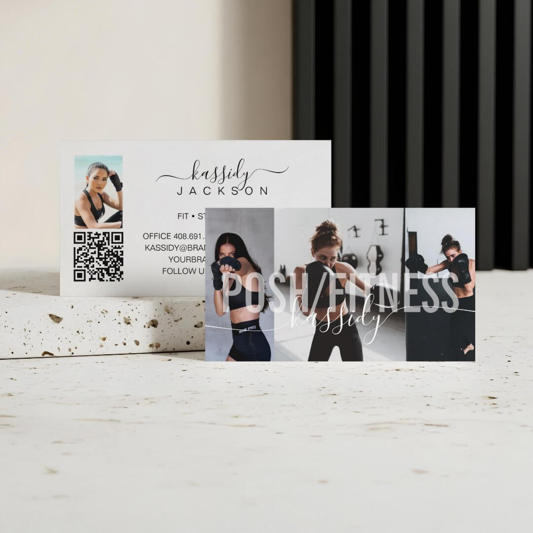 Bold Fitness Trainer Photo Collage Script Name QR Business Card