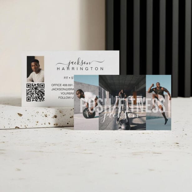 Bold Fitness Trainer Photo Collage Script Name QR Business Card