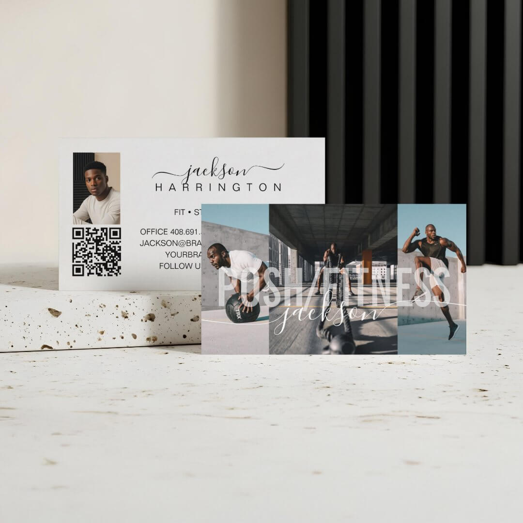 Bold Fitness Trainer Photo Collage Script Name QR Business Card