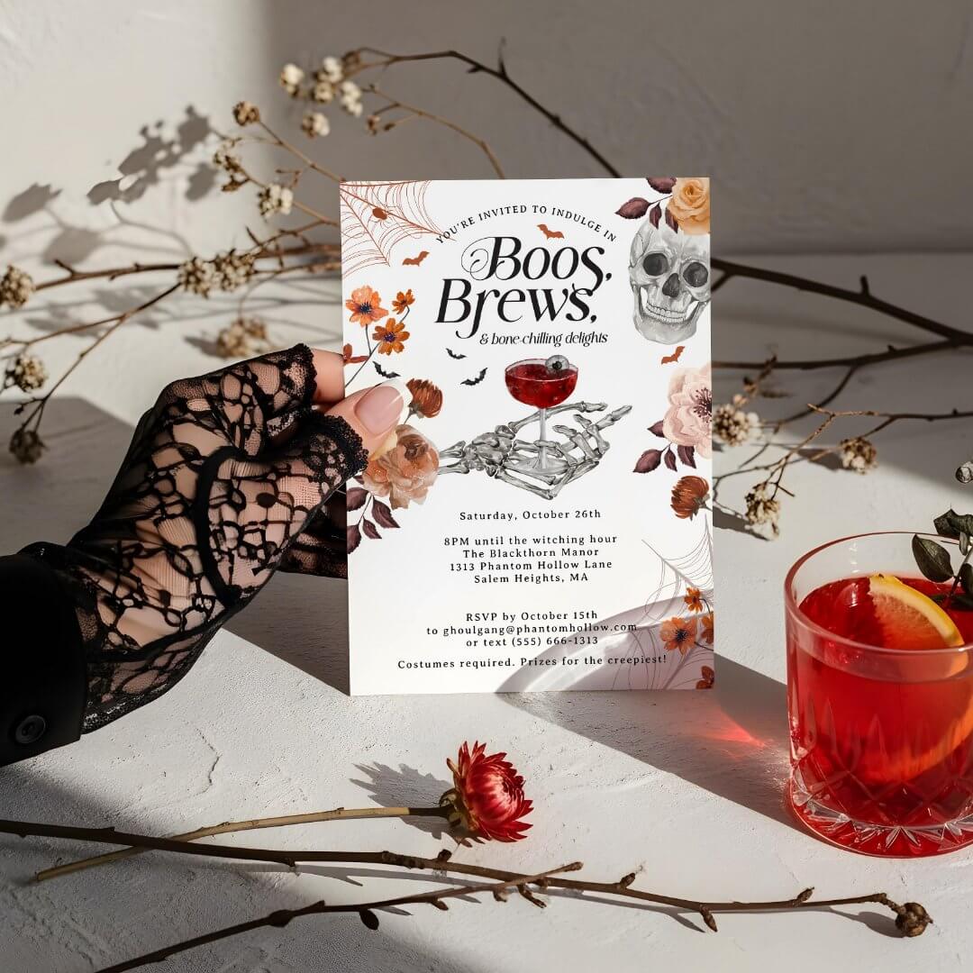 Boos and Brews Watercolor Halloween Adult Party Invitation