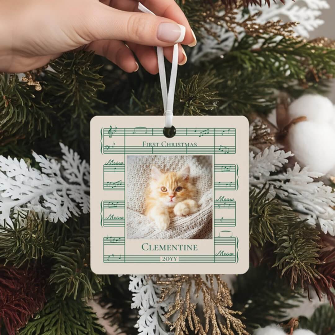 Cat Photo First Christmas Meow Meow Sheet Music Beige Metal Ornament