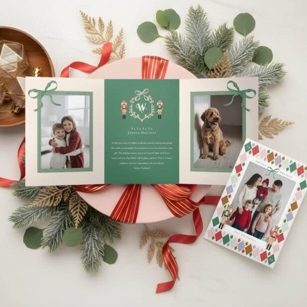 Christmas Argyle Nutcracker Ballet Family Photo Tri-Fold Holiday Card