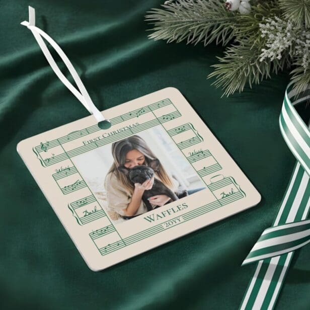 Dog Photo First Christmas Woof Woof Sheet Music Beige Metal Ornament