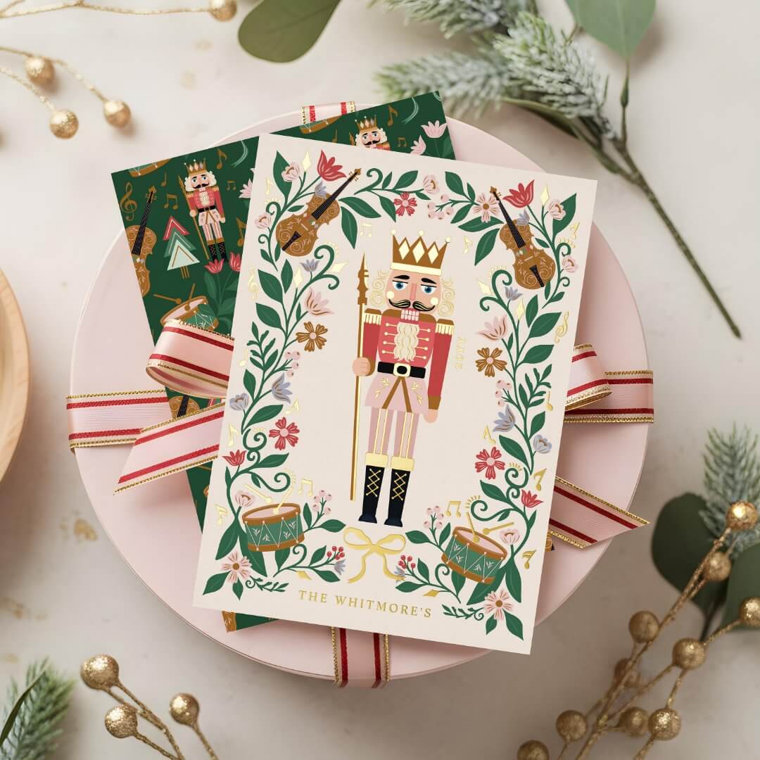 Elegant Floral Christmas Nutcracker Ballet Musical Foil Holiday Card