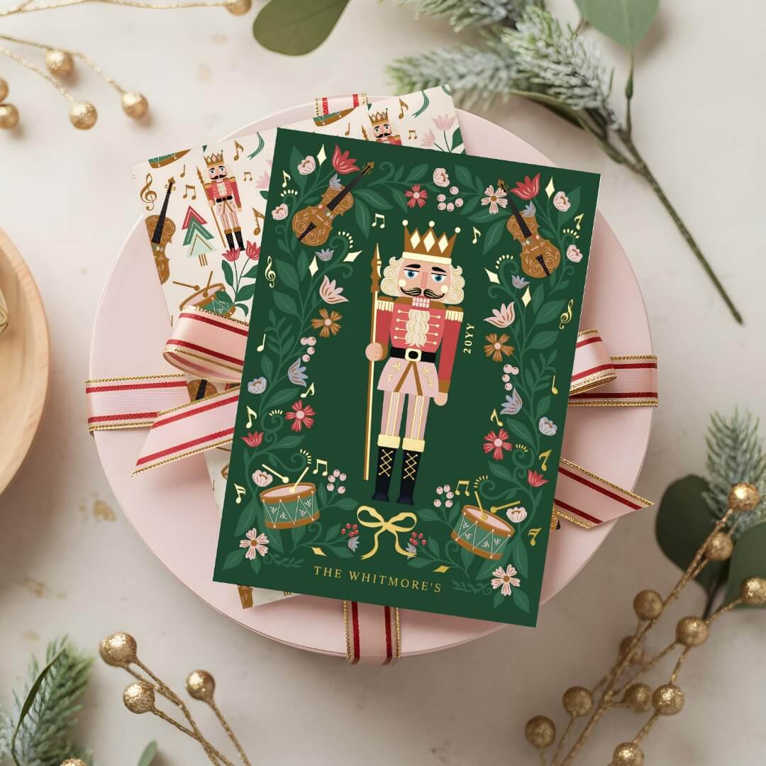 Elegant Floral Christmas Nutcracker Ballet Musical Foil Green Holiday Card