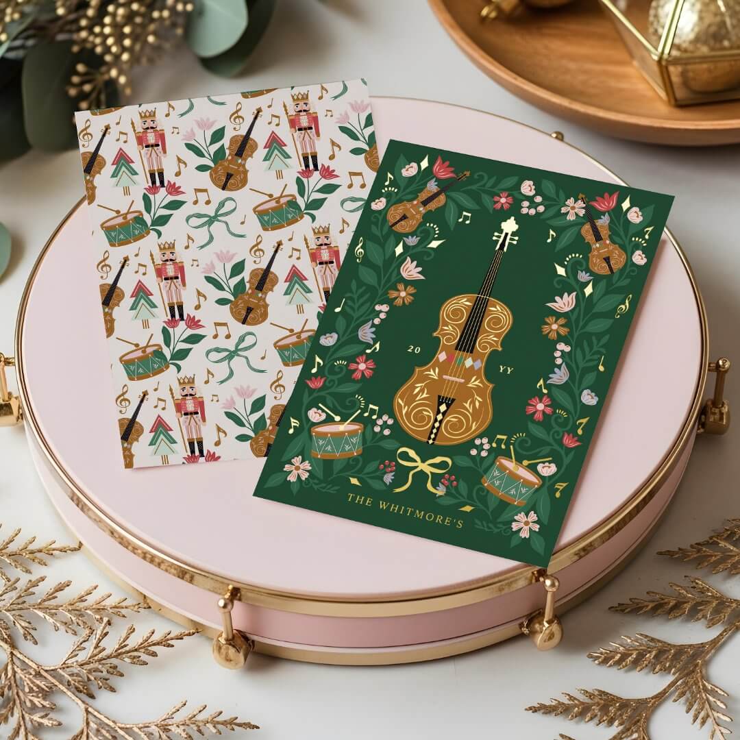 Elegant Floral Christmas Nutcracker Ballet Musical Foil Green Holiday Card