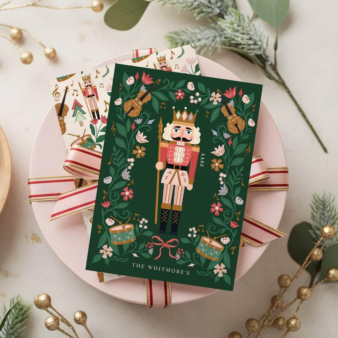 Elegant Floral Christmas Nutcracker Ballet Musical Green Holiday Card