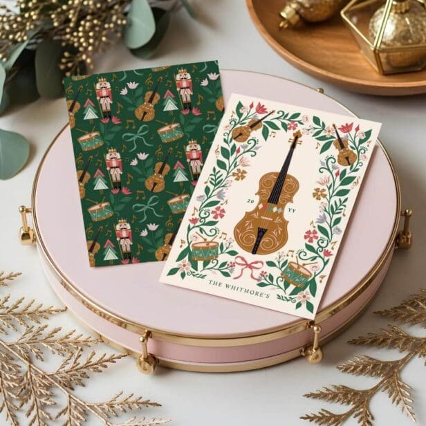 Elegant Floral Christmas Nutcracker Ballet Violin Holiday Card