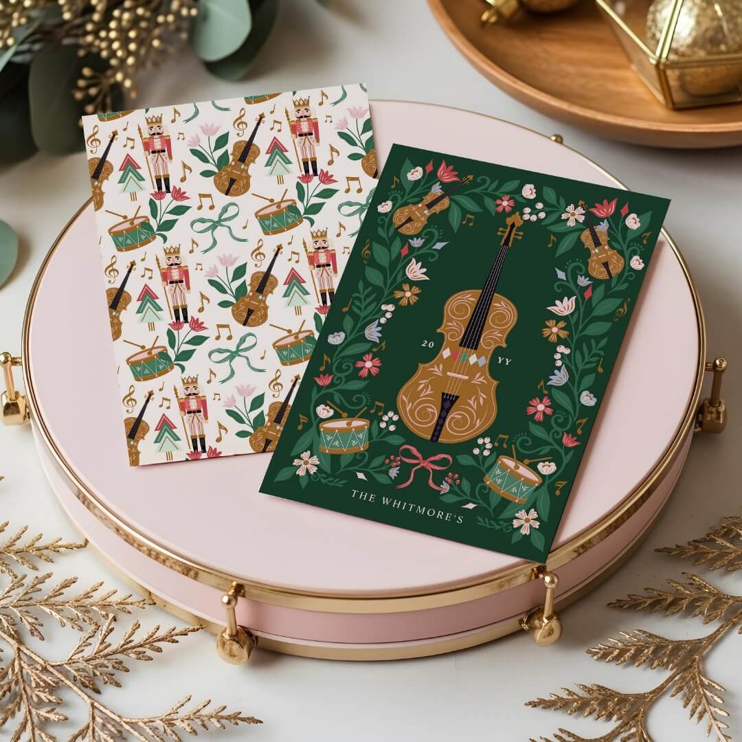 Elegant Floral Christmas Nutcracker Ballet Violin Green Holiday Card