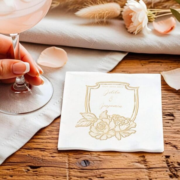 Elegant Floral Crest Couples Name & Wedding Date Foil Napkins