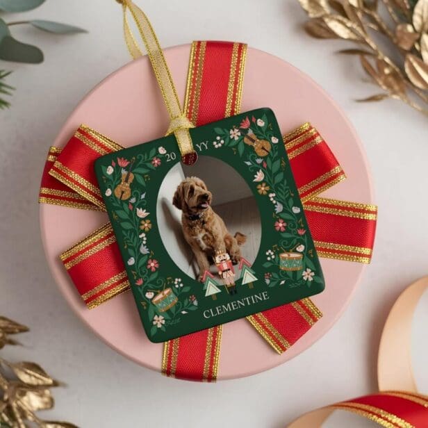 Elegant Floral Pet Photo Christmas Nutcracker Ceramic Green Ornament