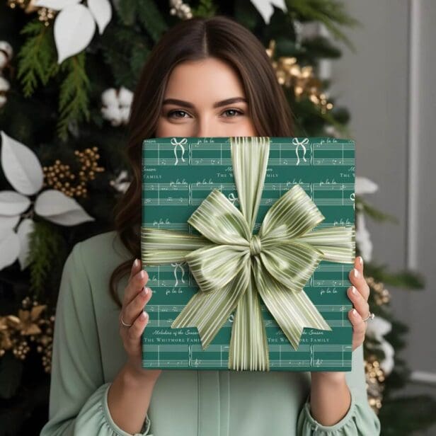 Elegant Fun Fa La Bow Vintage Music Personalized Green Beige Wrapping Paper Sheets