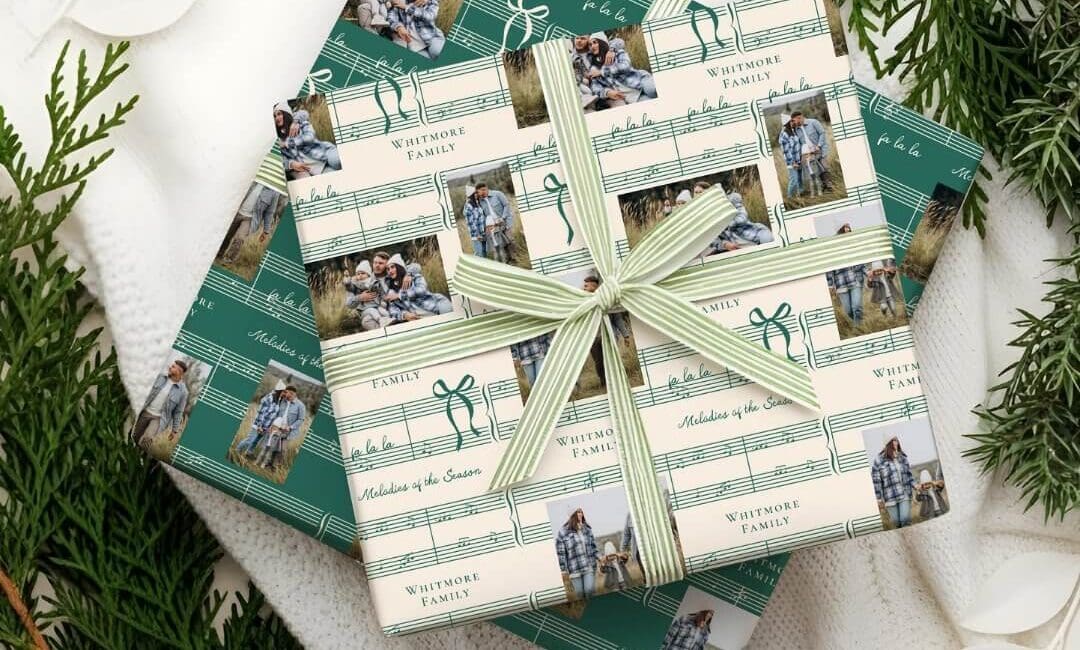Elegant Fun Fa La Bow Vintage Music Photo Collage Beige Green Wrapping Paper Sheets