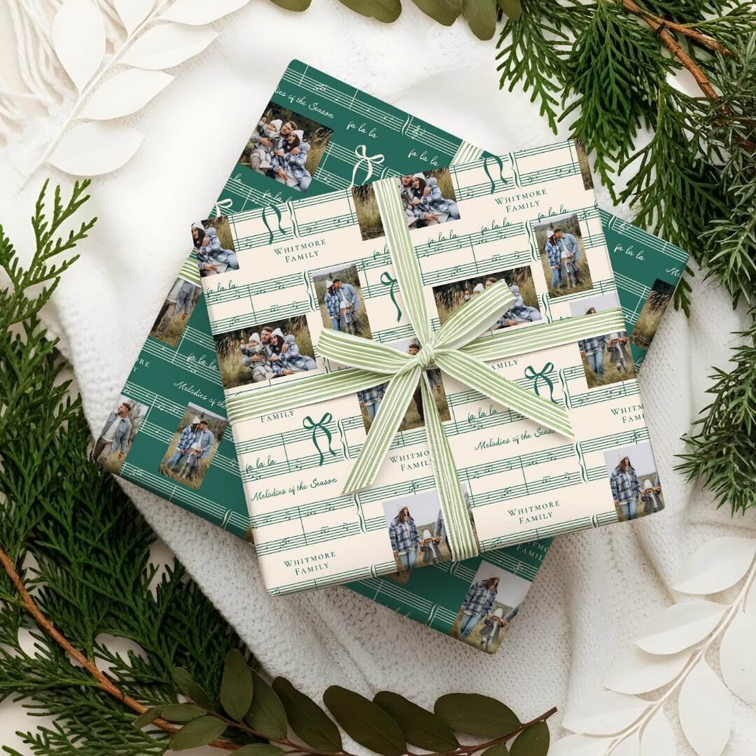 Elegant Fun Fa La Bow Vintage Music Photo Collage Beige Green Wrapping Paper Sheets