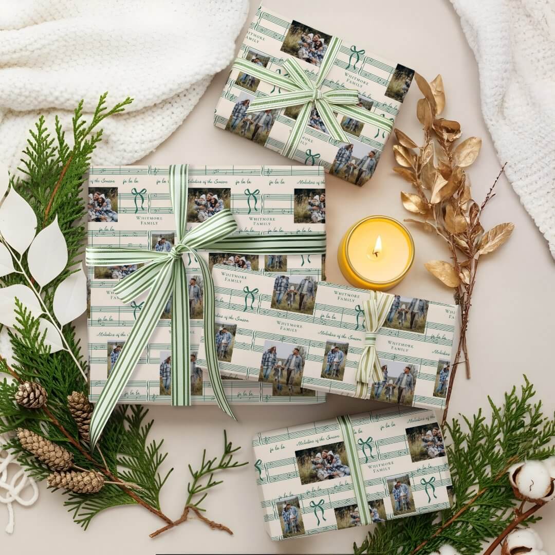 Elegant Fun Fa La Bow Vintage Music Photo Collage Beige Wrapping Paper Sheets