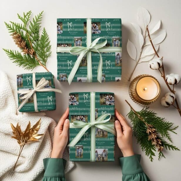 Elegant Fun Fa La Bow Vintage Music Photo Collage Green Wrapping Paper Sheets