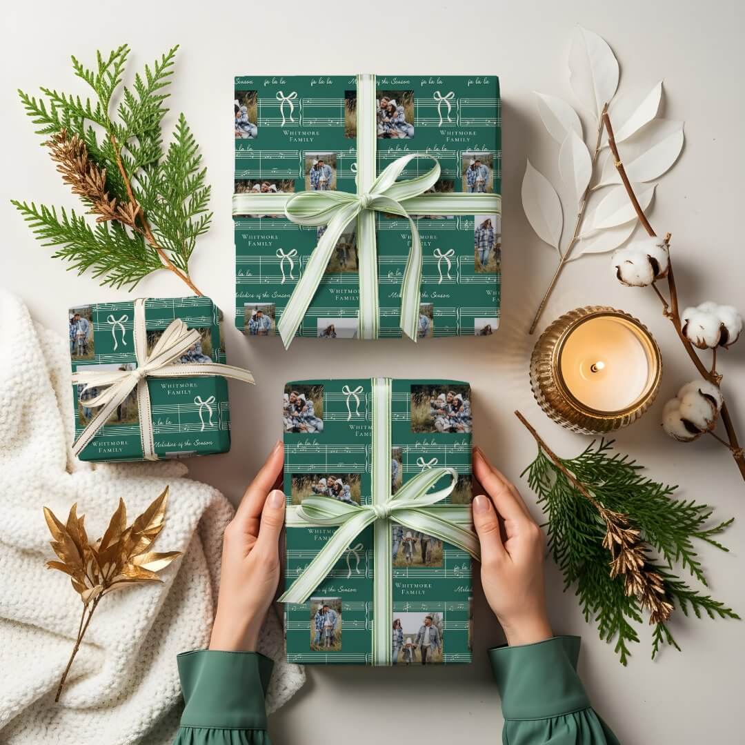 Elegant Fun Fa La Bow Vintage Music Photo Collage Green Wrapping Paper Sheets