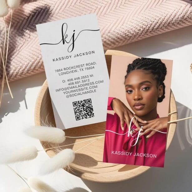 Elegant Script Calligraphy Monogram Logo & QR Code Business Card