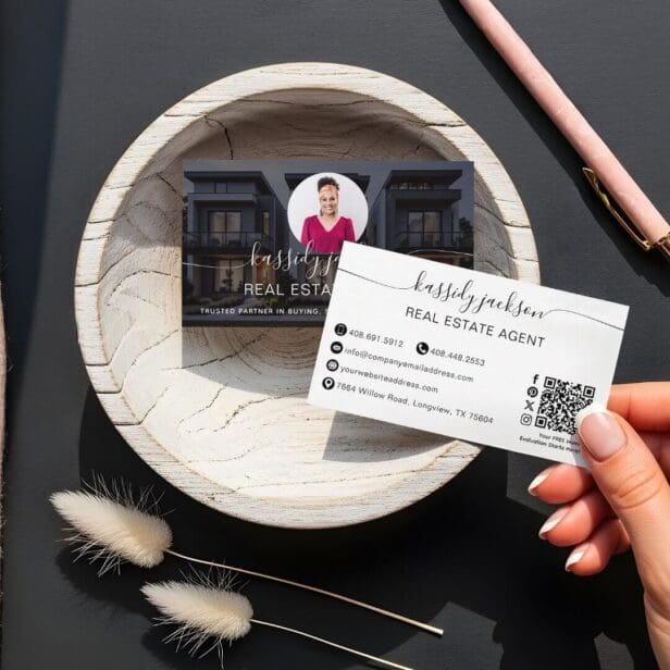 Elegant Script Name Circle Business Photo QR Code Black Business Card