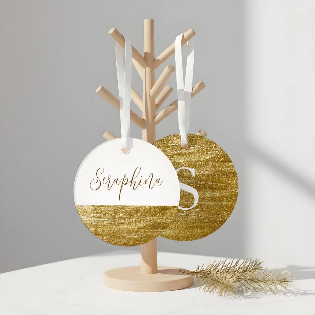 Elegant White & Faux Gold Leaf Monogram Christmas Ornament