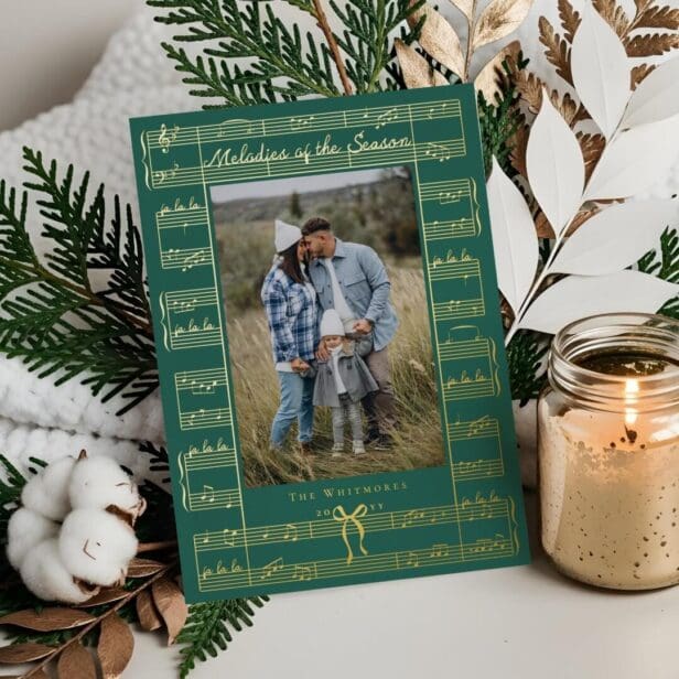 Fa La La Bow Vintage Sheet Music Photo Christmas Foil Holiday Card