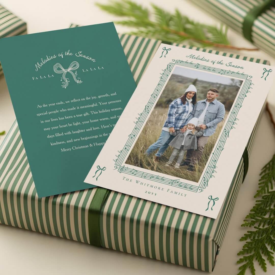 Fa La La Bow Vintage Sheet Music Photo Christmas Beige Holiday Card