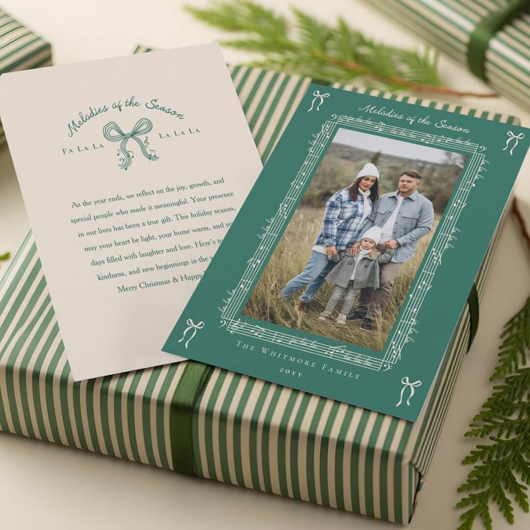 Fa La La Bow Vintage Sheet Music Photo Christmas Green Holiday Card