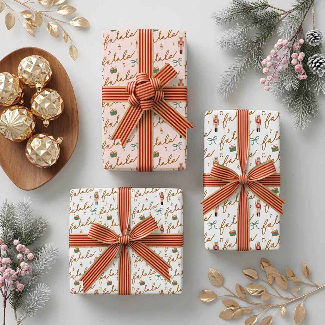 Fa La La Girly Christmas Nutcracker Bow Music Wrapping Paper Sheets