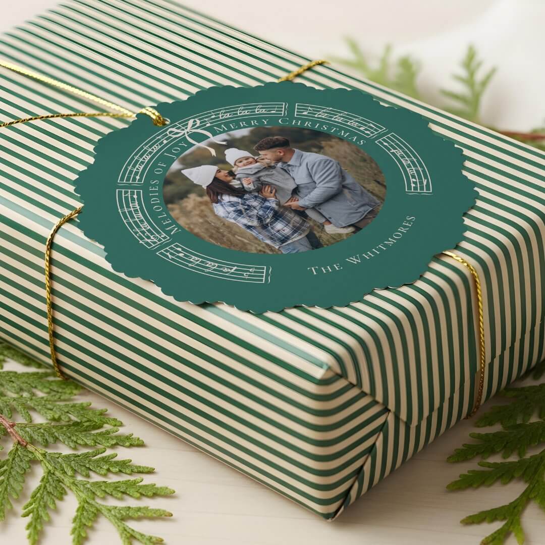 Fa La Vintage Sheet Music Family Photo Christmas Green Ornament Card