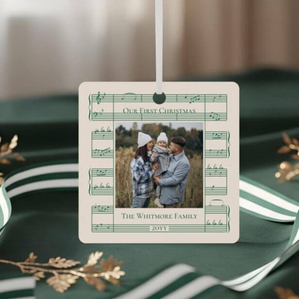 Family Photo First Christmas Fa La Vintage Sheet Beige Metal Ornament