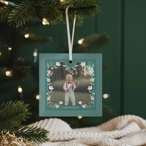 Floral Foliage Elegant Green Photo Name Keepsake Glass Ornament