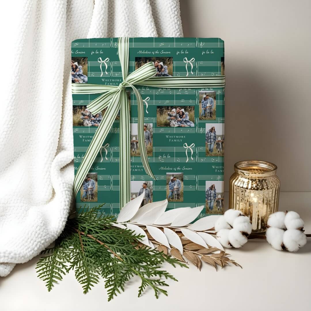 Fun Fa La La Bow Vintage Sheet Music Photo Collage Green Wrapping Paper