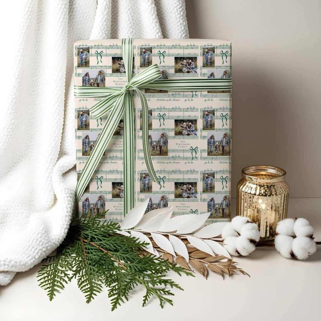 Fun Fa La La Bow Vintage Sheet Music Photo Collage Beige Wrapping Paper