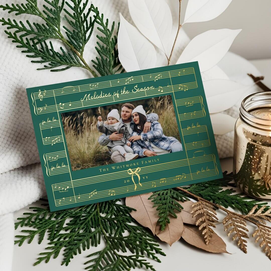 Minimal Bow Fa La La Sheet Music Photo Christmas Foil Green Holiday Card