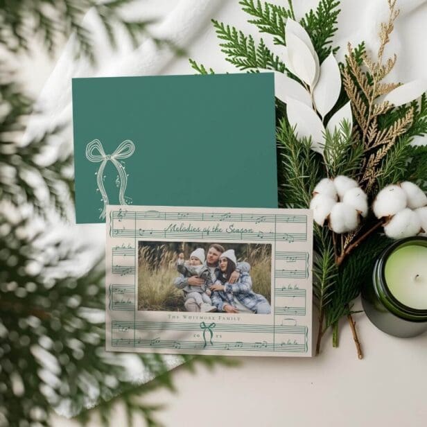 music,sheet music,fa la la,modern photo christmas card,whimsical,hand drawn bow,christmas carol,minimalist,family photo christmas card,melodies of the season