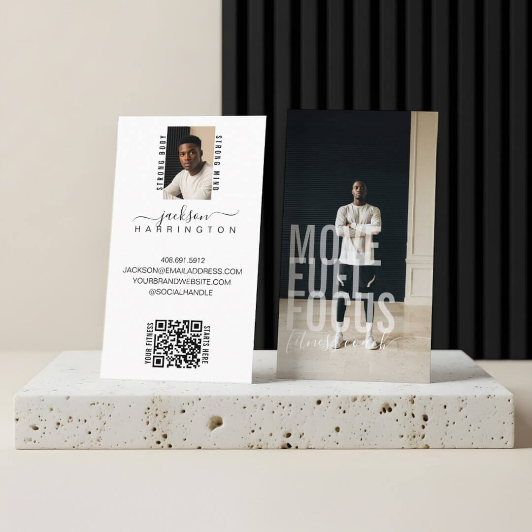 Modern Bold Script Calligraphy Fitness Photo QR White Business Card
