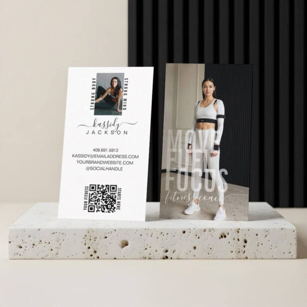 Modern Bold Script Calligraphy Fitness Photo QR White Business Card