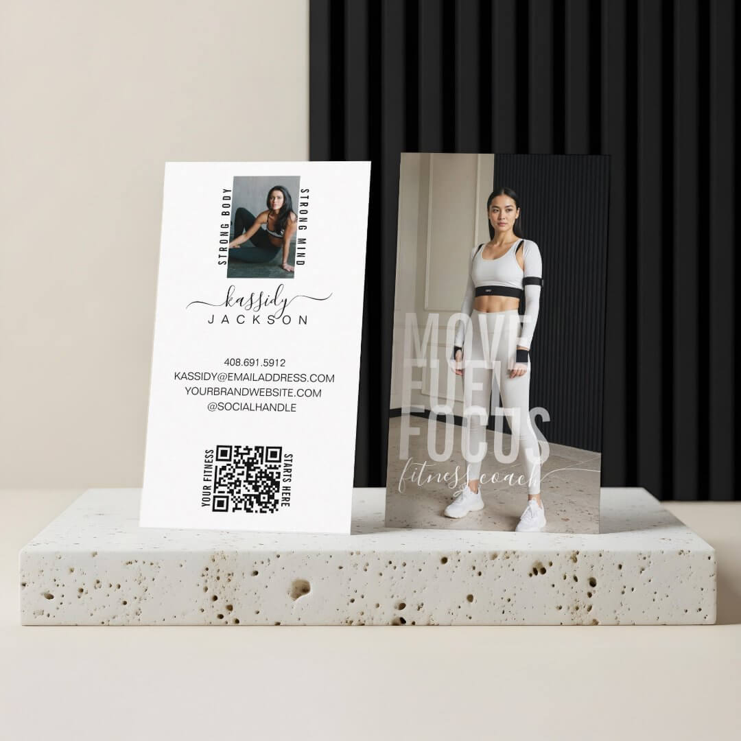 Modern Bold Script Calligraphy Fitness Photo QR White Business Card