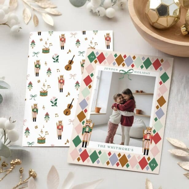 Modern Nutcracker Argyle Diamond Pattern Photo Holiday Card